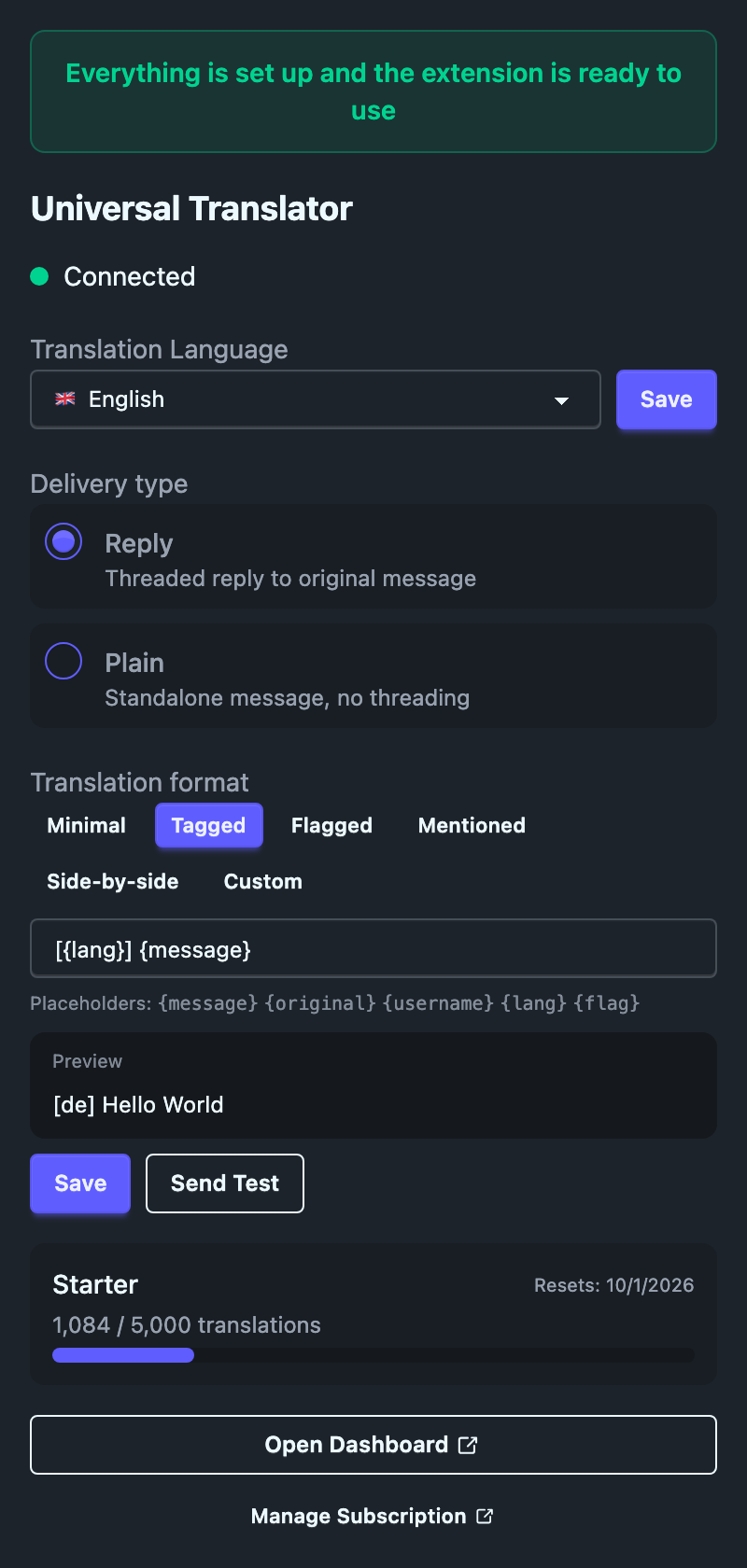 The extension’s settings inside Twitch: translation language, whether the bot replies in a thread or posts plainly, the message format with a live preview, a test-message button, and this month’s translation usage.