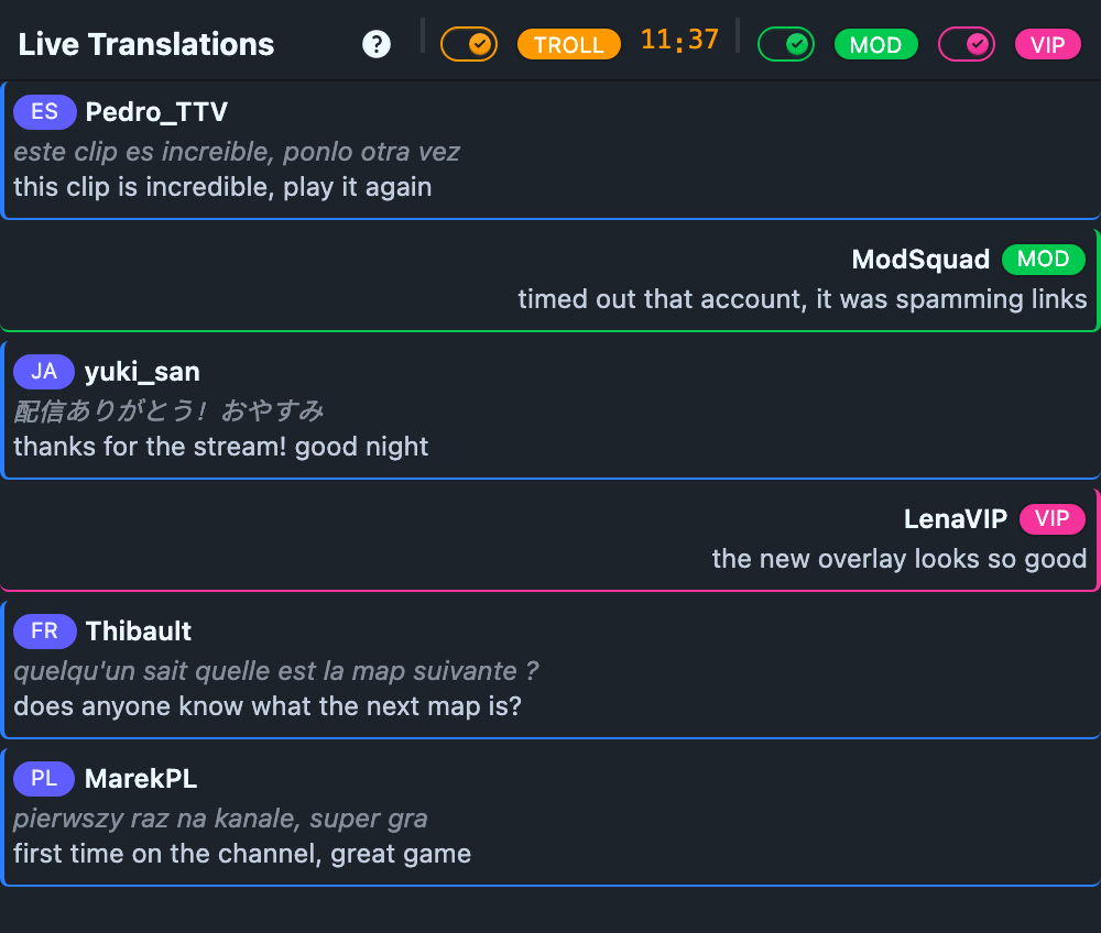 The live view inside Twitch: translated messages from Spanish, Japanese, French and Polish with the original text under each one, moderator and VIP messages highlighted, and a troll mode countdown in the header.