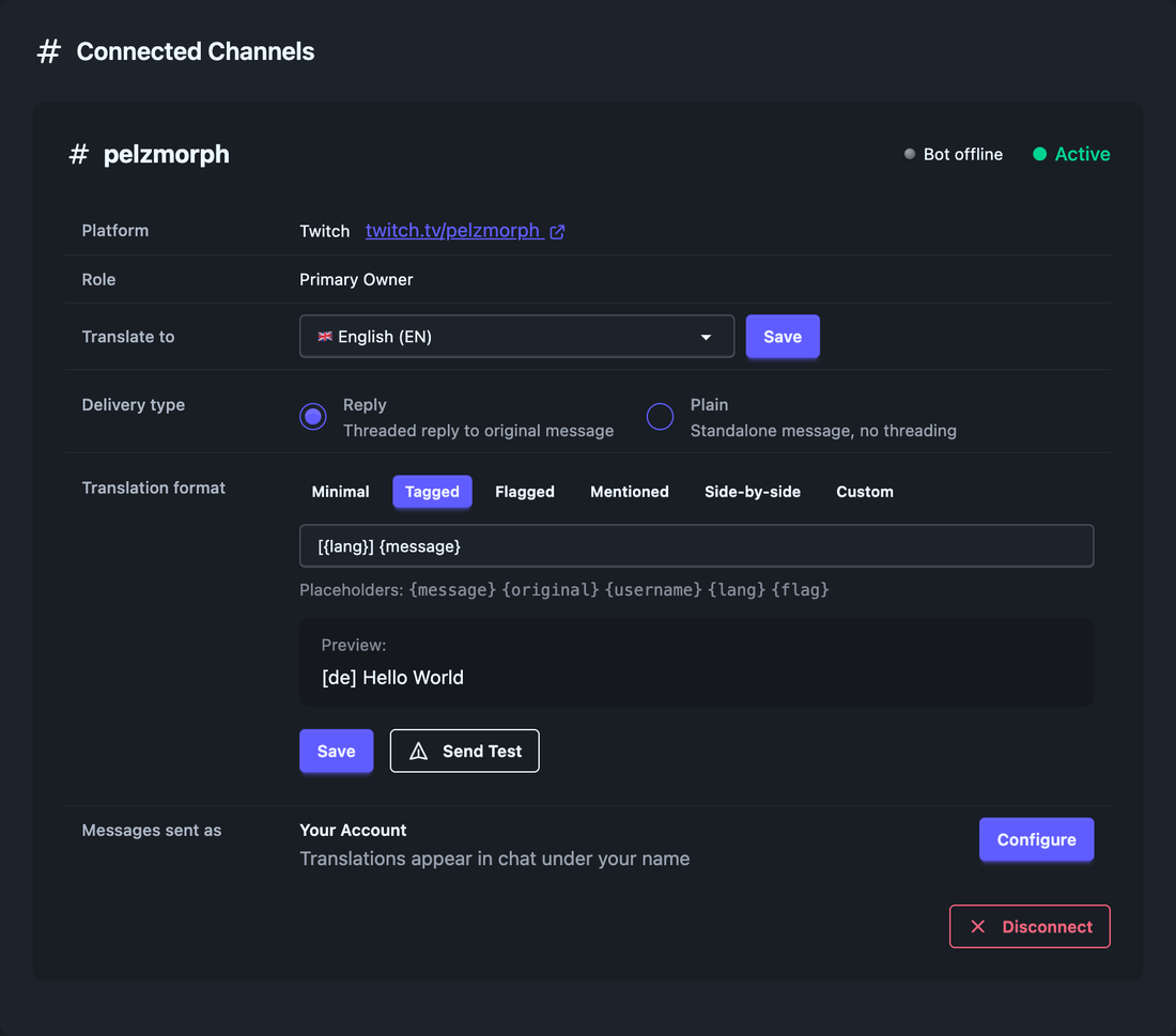Bot Settings showing a connected Twitch channel and the translation-language picker
